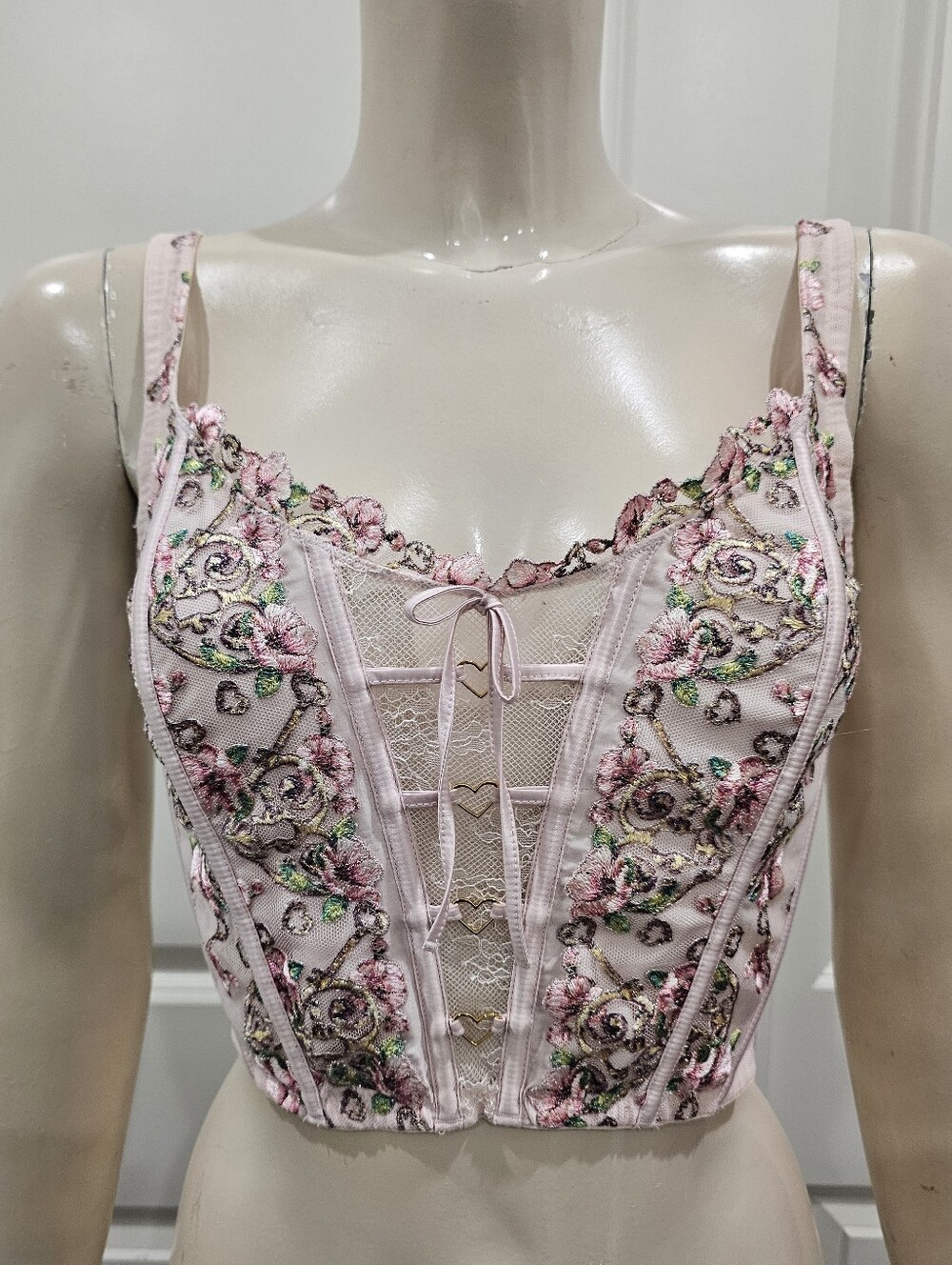 VICTORIA'S SECRET Dream Angels Pink Floral Embroidery Hearts Corset Top M/DD